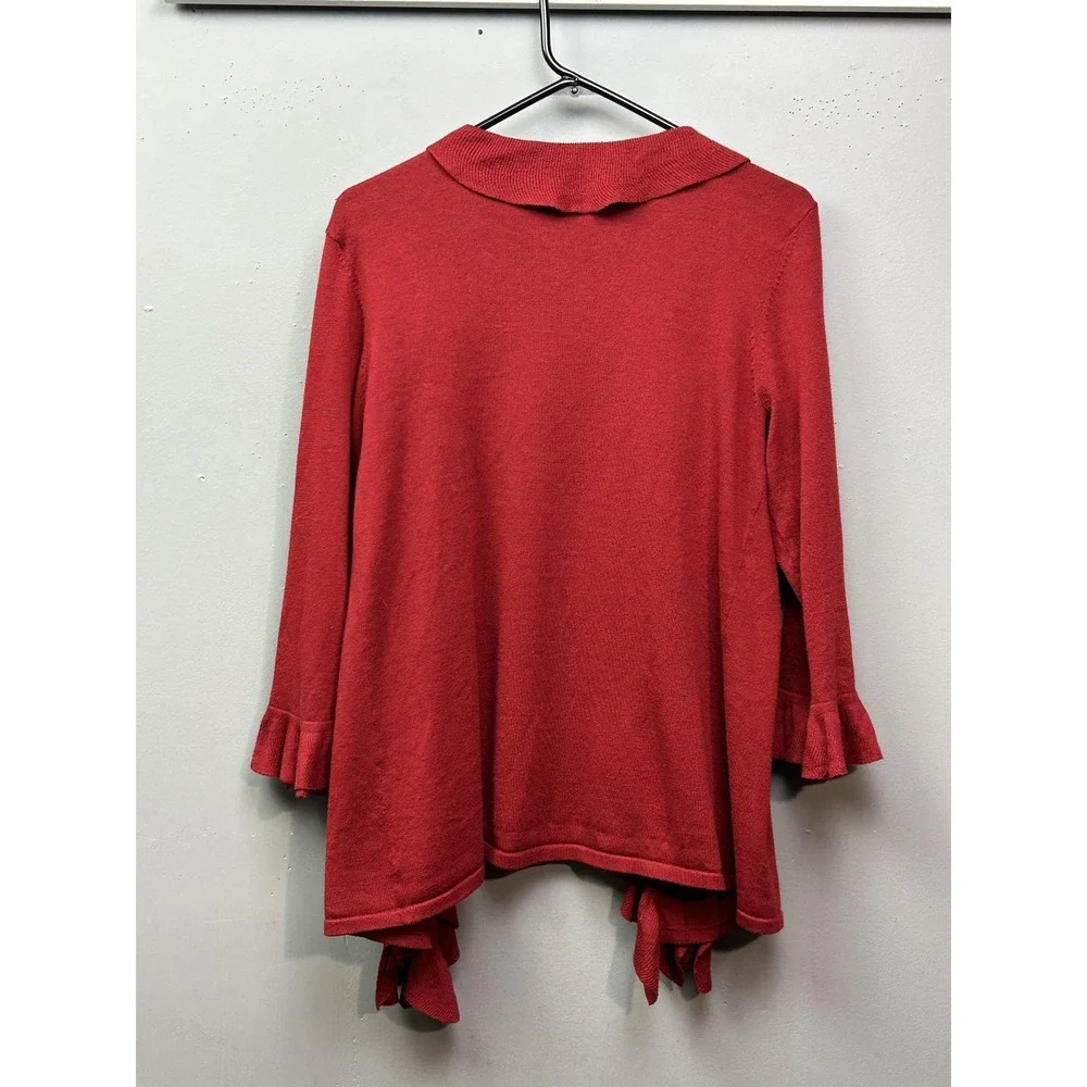 Grace Elements Cardigan Womens Large Red Open Front Ruffle Trim 3/4 Sleeve Knit